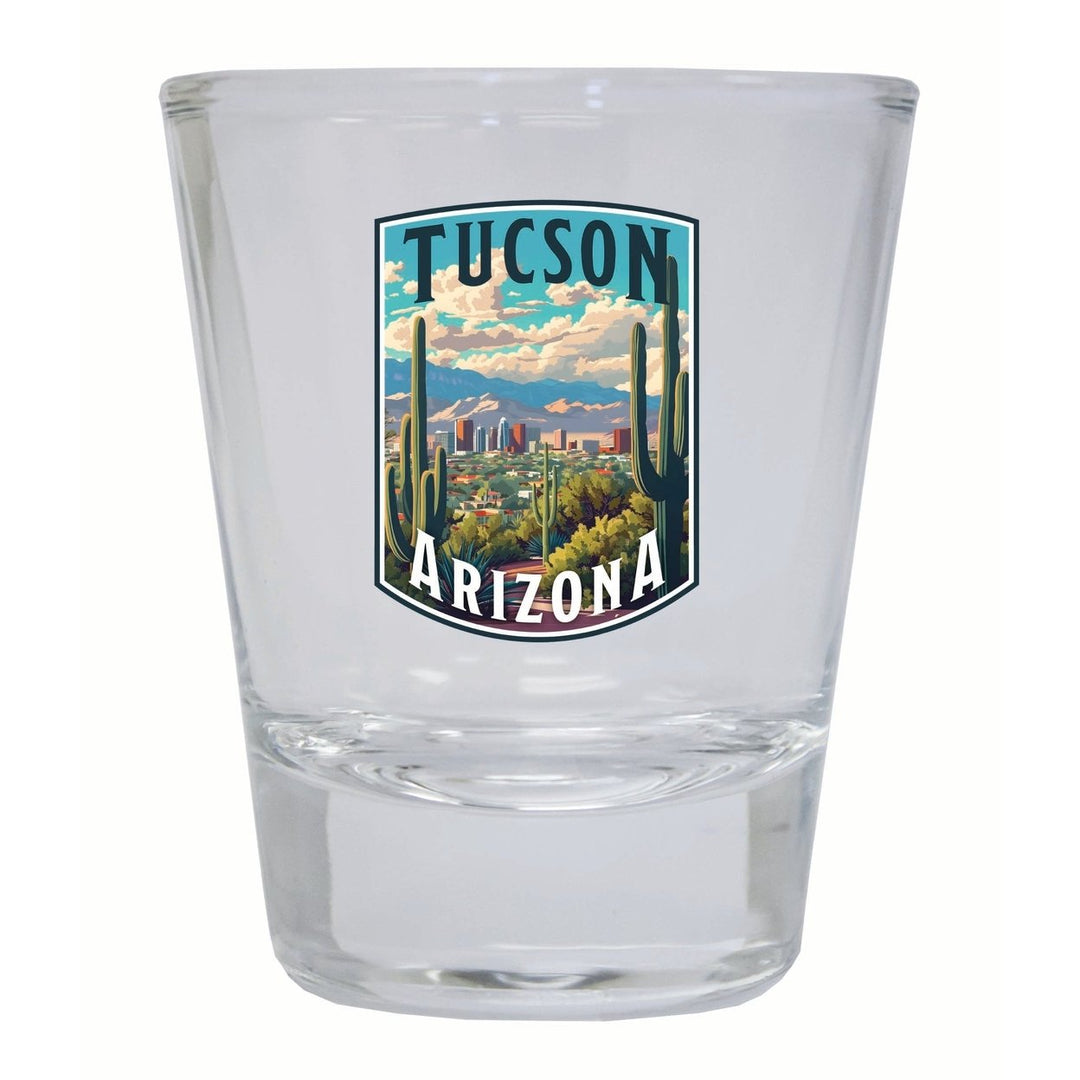 Tucson Arizona Cactus and Cityscape Design Souvenir 2 Ounce Shot Glass Round Image 1