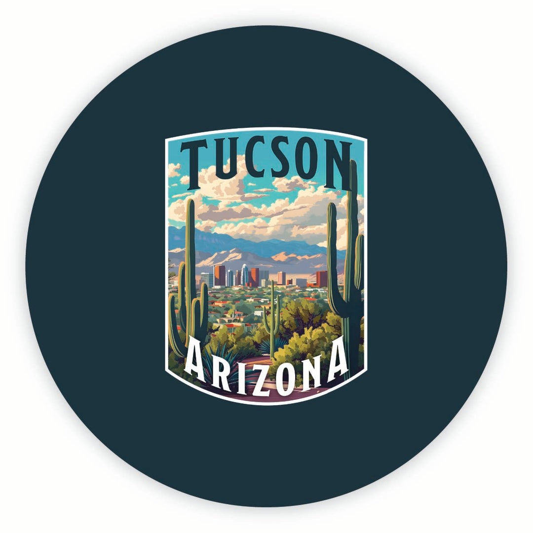 Tucson Arizona Cactus and Cityscape Design Souvenir Round Fridge Magnet Image 1