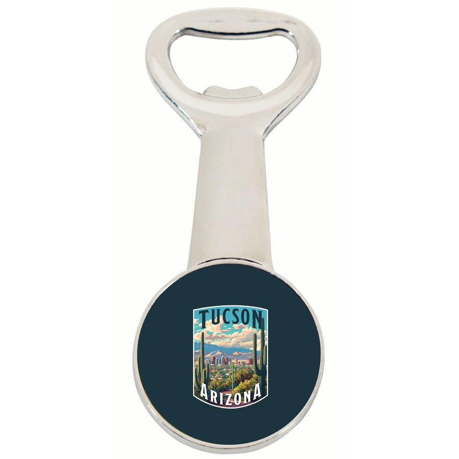 Tucson Arizona Cactus and Cityscape Design Souvenir Magnetic Bottle Opener Image 1