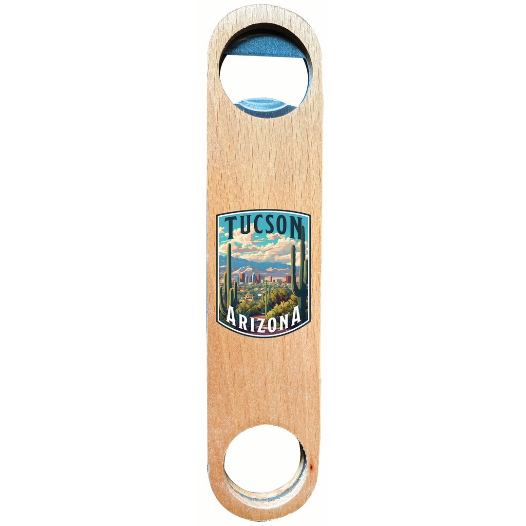 Tucson Arizona Cactus and Cityscape Design Souvenir Wooden Bottle Opener Image 1