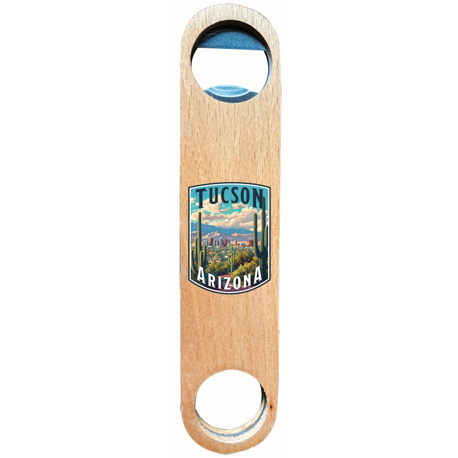 Tucson Arizona Cactus and Cityscape Design Souvenir Wooden Bottle Opener Image 1