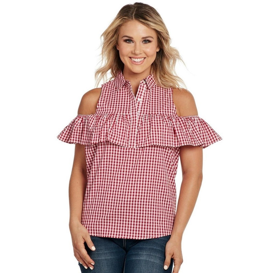 Cowgirl Up Western Shirt Womens Sleeveless Flounce Red White CG90307 Image 1