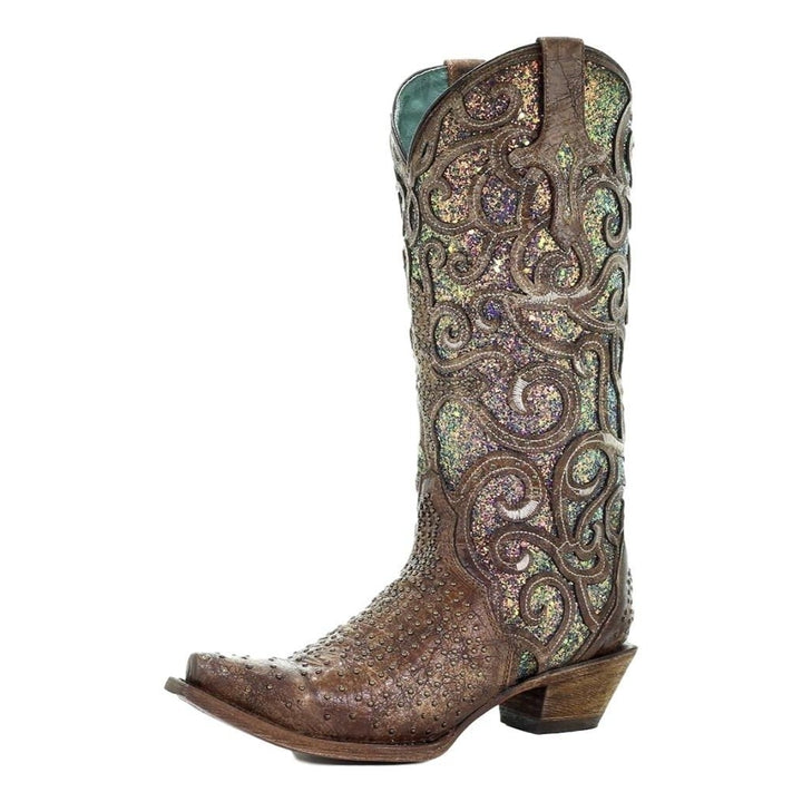 Corral Western Boots Womens Snip Toe Glitter Inlay Stud Cognac C3467 Image 1