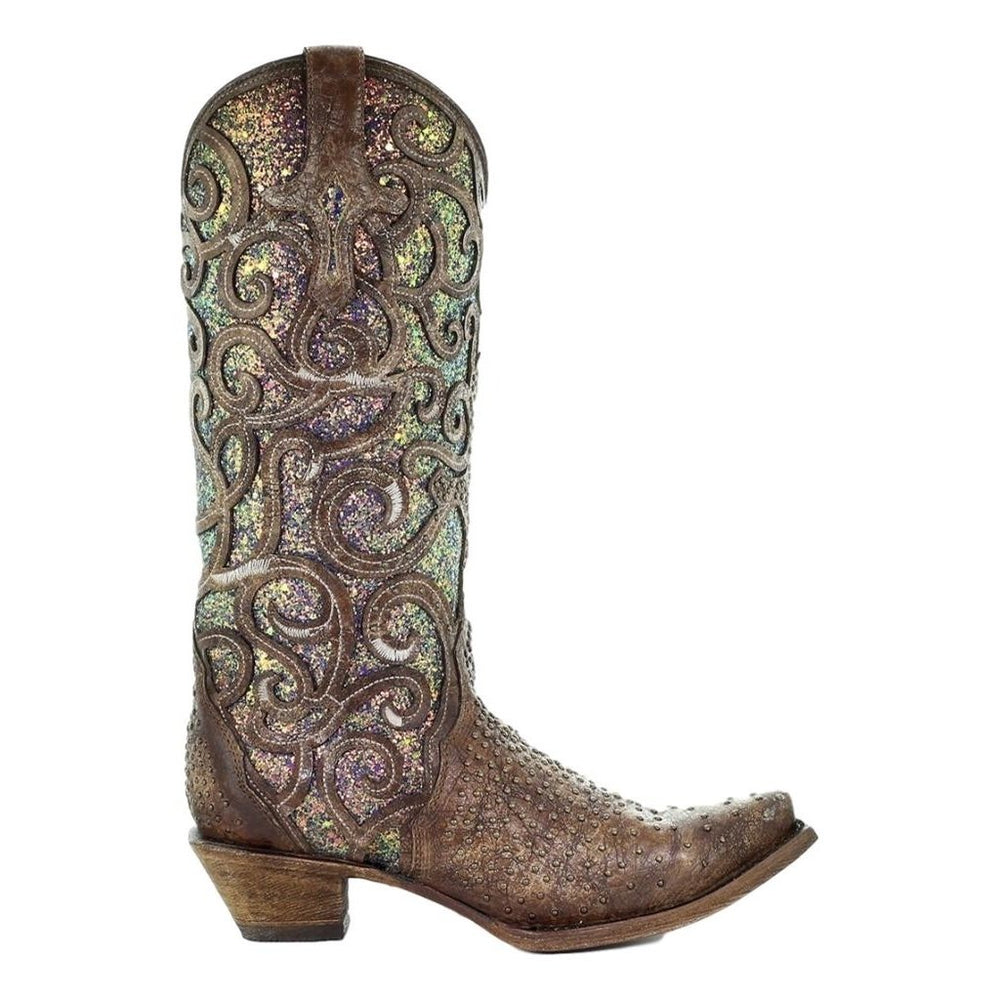 Corral Western Boots Womens Snip Toe Glitter Inlay Stud Cognac C3467 Image 2