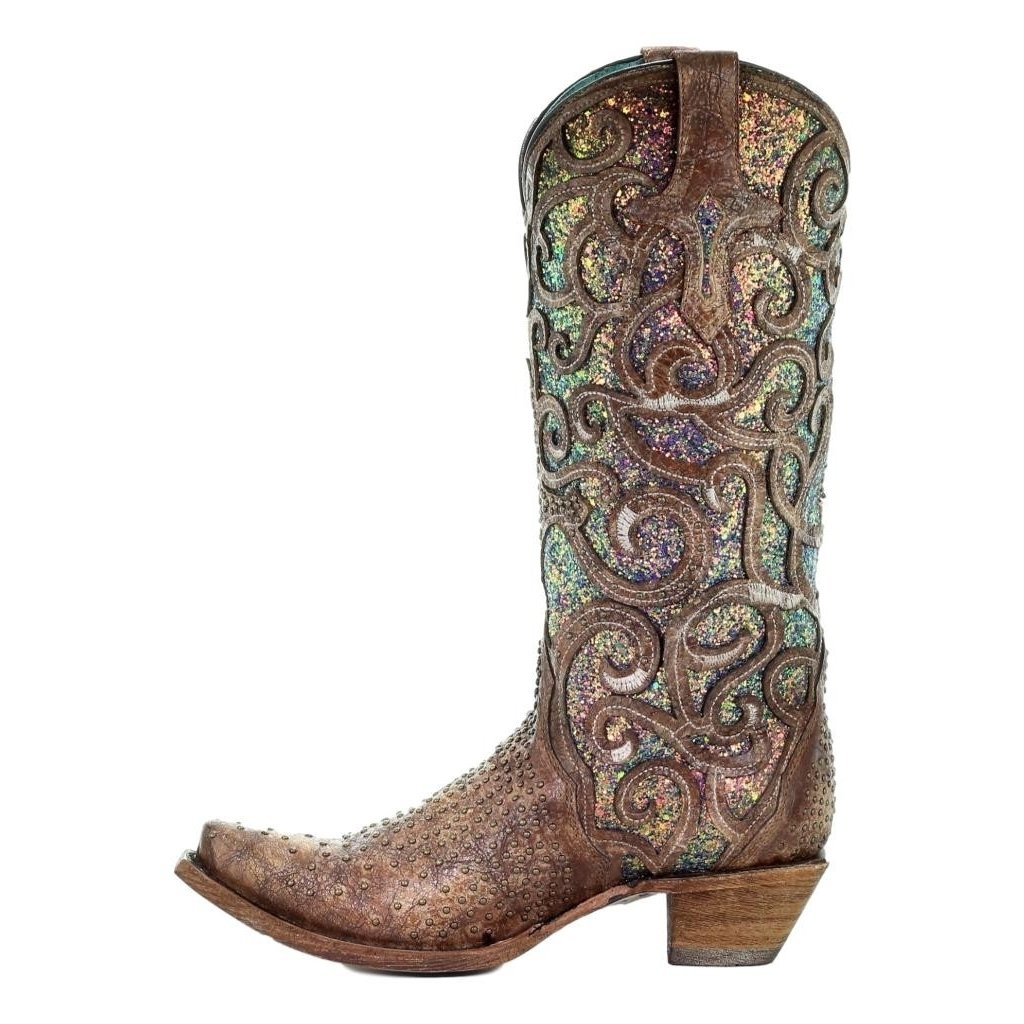 Corral Western Boots Womens Snip Toe Glitter Inlay Stud Cognac C3467 Image 3