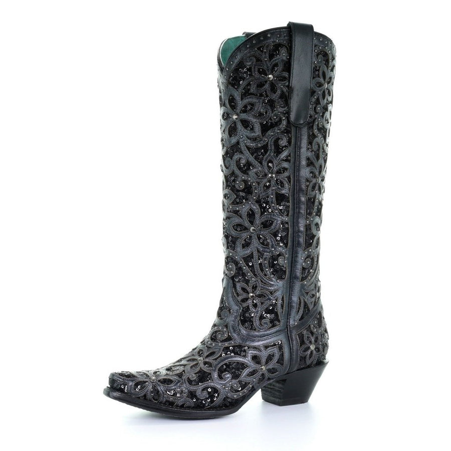 Corral Western Boots Womens Floral Inlay Studs 15" Black A3589 Image 1