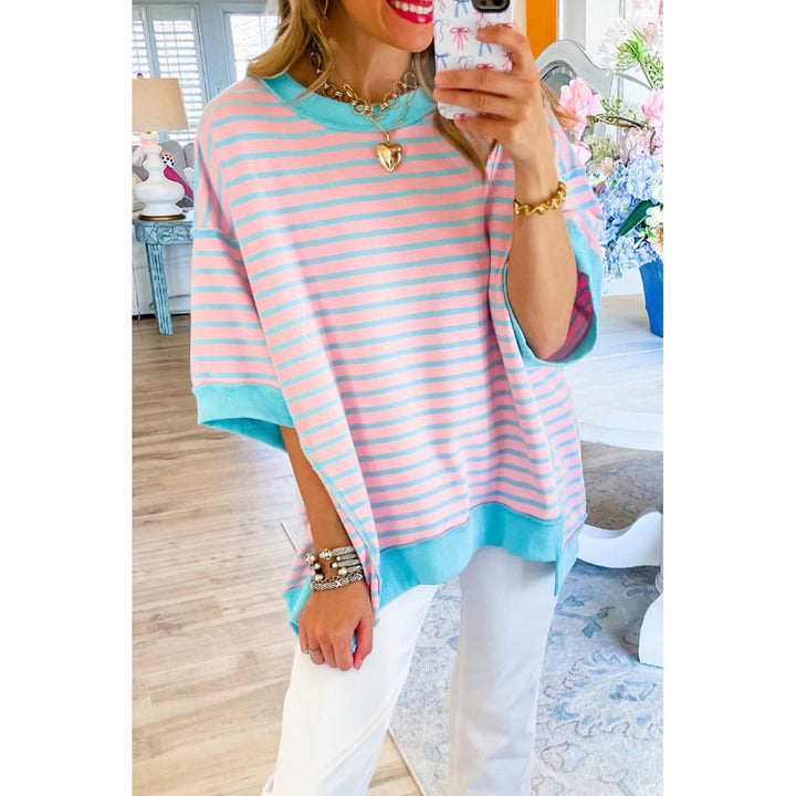 Pink Stripe Colorblock Drop Sleeve Oversized T Shirt Image 1