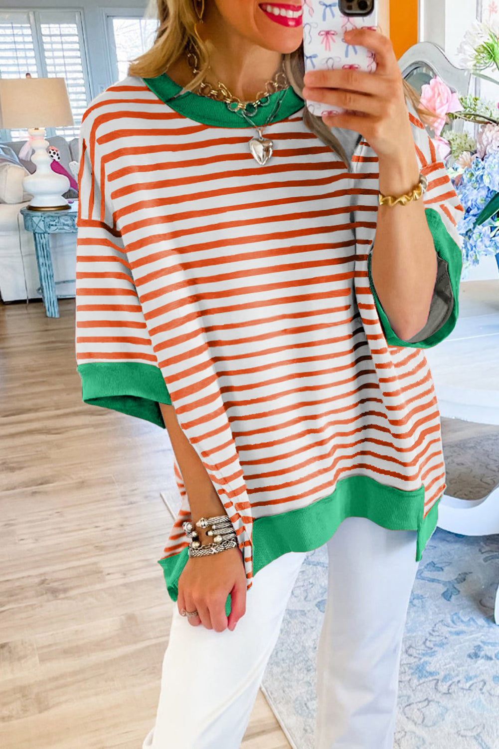 Pink Stripe Colorblock Drop Sleeve Oversized T Shirt Image 2