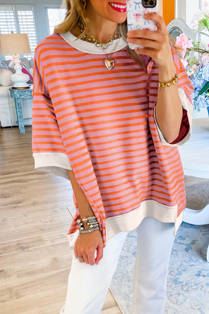 Pink Stripe Colorblock Drop Sleeve Oversized T Shirt Image 4