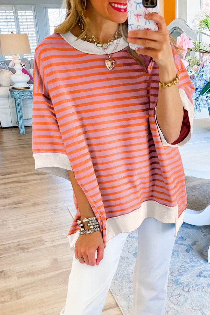 Pink Stripe Colorblock Drop Sleeve Oversized T Shirt Image 1