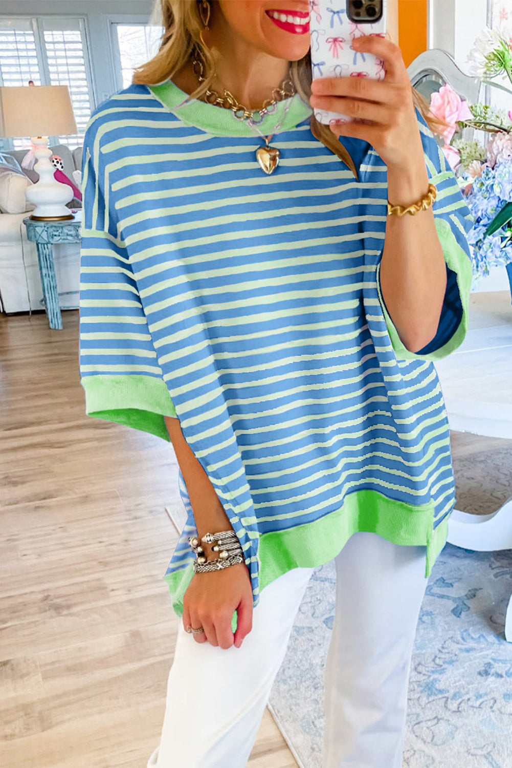 Pink Stripe Colorblock Drop Sleeve Oversized T Shirt Image 4