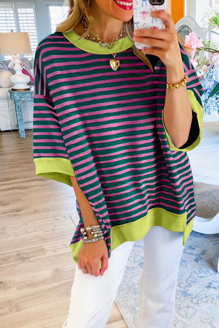 Pink Stripe Colorblock Drop Sleeve Oversized T Shirt Image 6