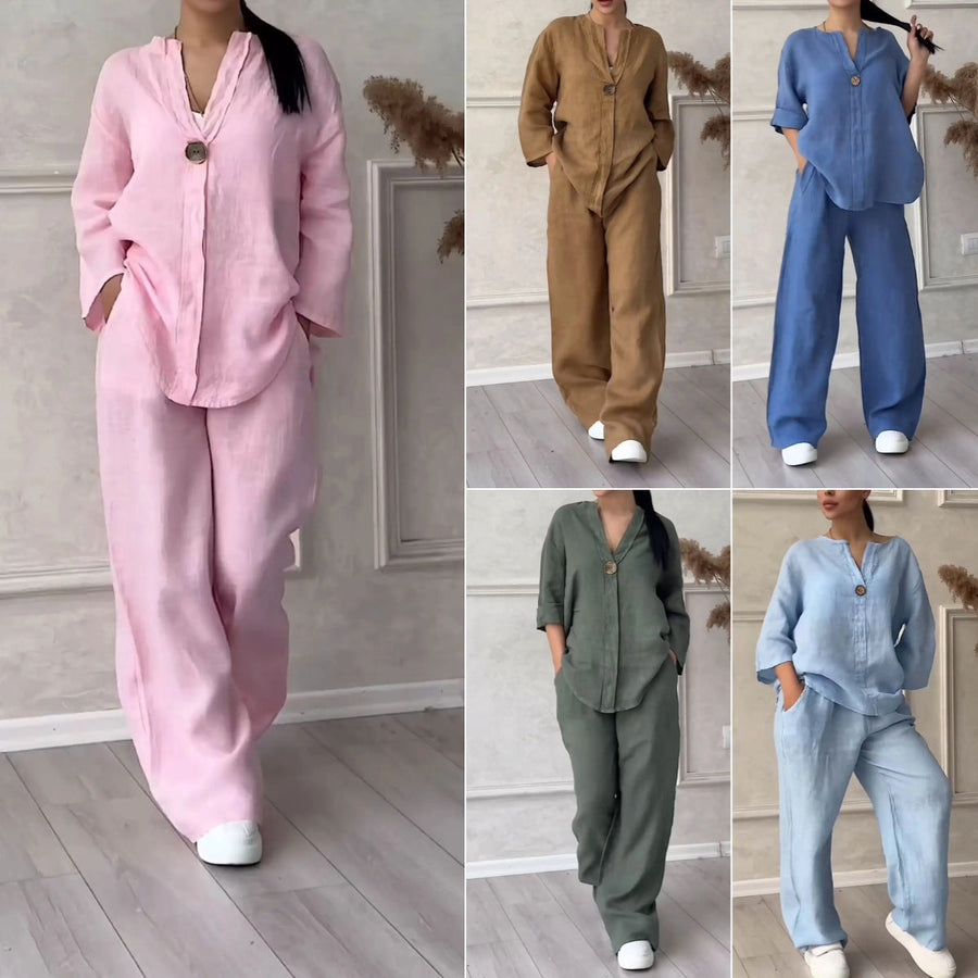 Summer 2024 Women 2-piece Plus Size Cotton And Linen Shirt Suit High Waist Loose Trousers Image 1