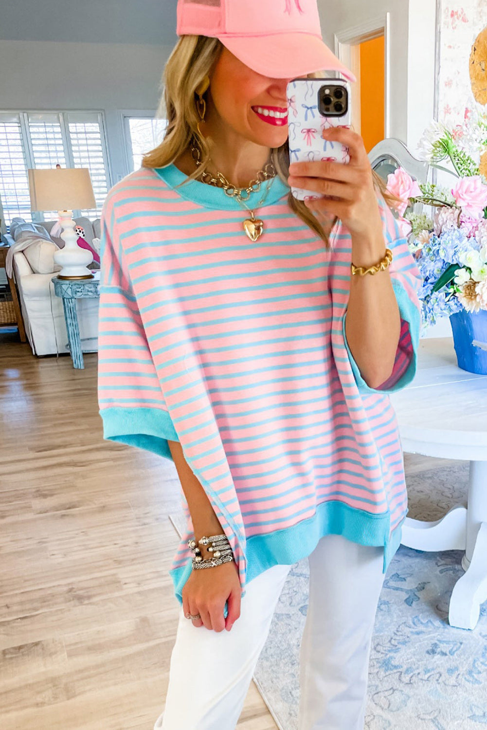 Pink Stripe Colorblock Drop Sleeve Oversized T Shirt Image 9