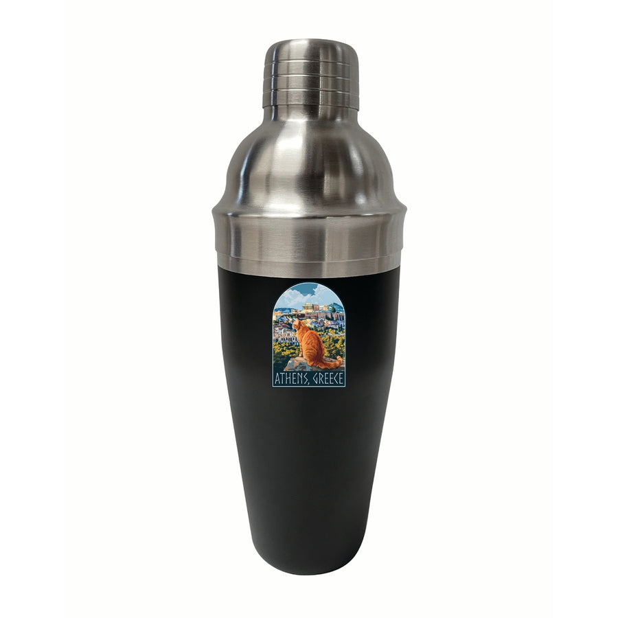 Athens Greece Cat Acropolis Design Souvenir 24 oz Stainless Steel Cocktail Shaker Black Image 1