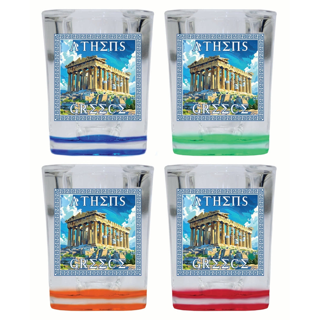 Athens Greece Acropolis in Meander Frame Design Souvenir 2 Ounce Shot Glass Square 4-Pack Multicolor Image 1