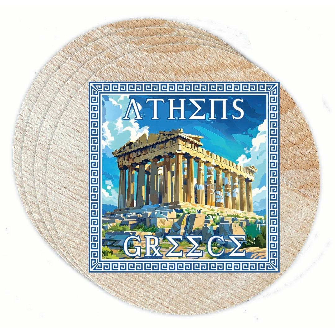 Athens Greece Acropolis in Meander Frame Design Souvenir Coaster Wooden 3.5 x 3.5-Inch 4 Pack Image 1