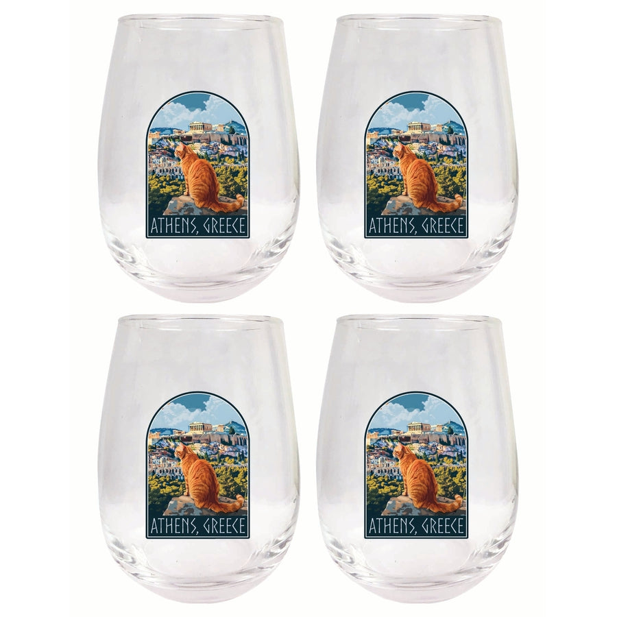 Athens Greece Cat Acropolis Design Souvenir 15 oz Stemless Wine Glass 4-Pack Image 1