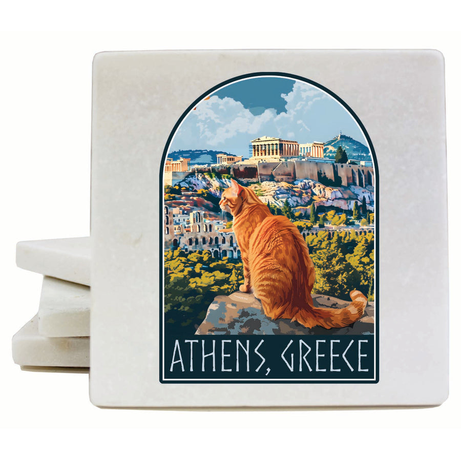 Athens Greece Cat Acropolis Design Souvenir 4x4-Inch Coaster Marble 4 Pack Image 1