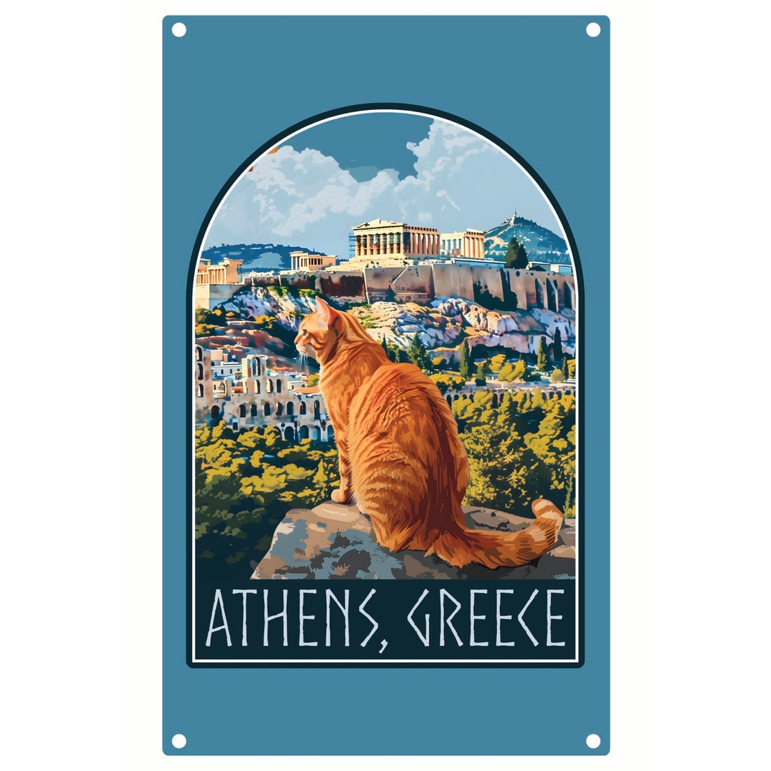 Athens Greece Cat Acropolis Design Souvenir Metal Sign 9 x 15 Image 1