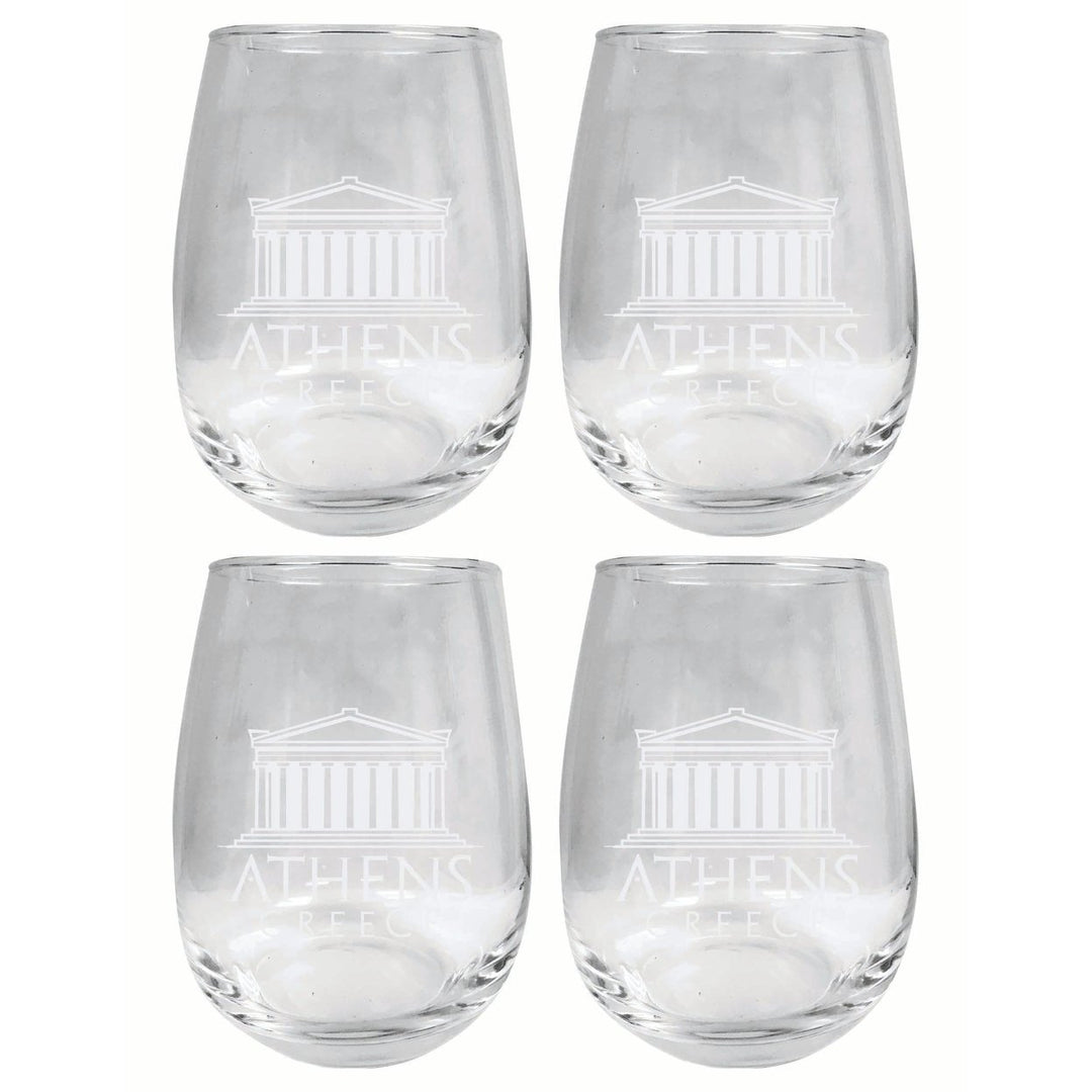 Athens Greece Souvenir 15 oz Engraved Stemless Wine Glass 4-Pack Image 1