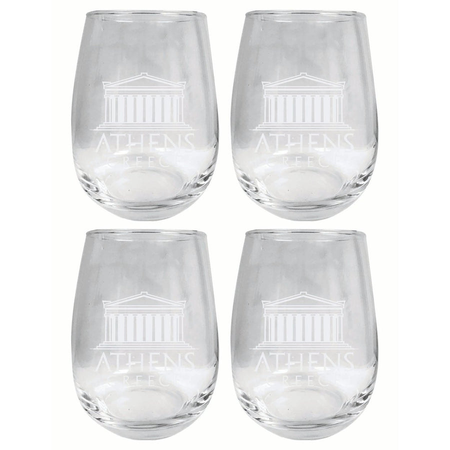 Athens Greece Souvenir 15 oz Engraved Stemless Wine Glass 4-Pack Image 1