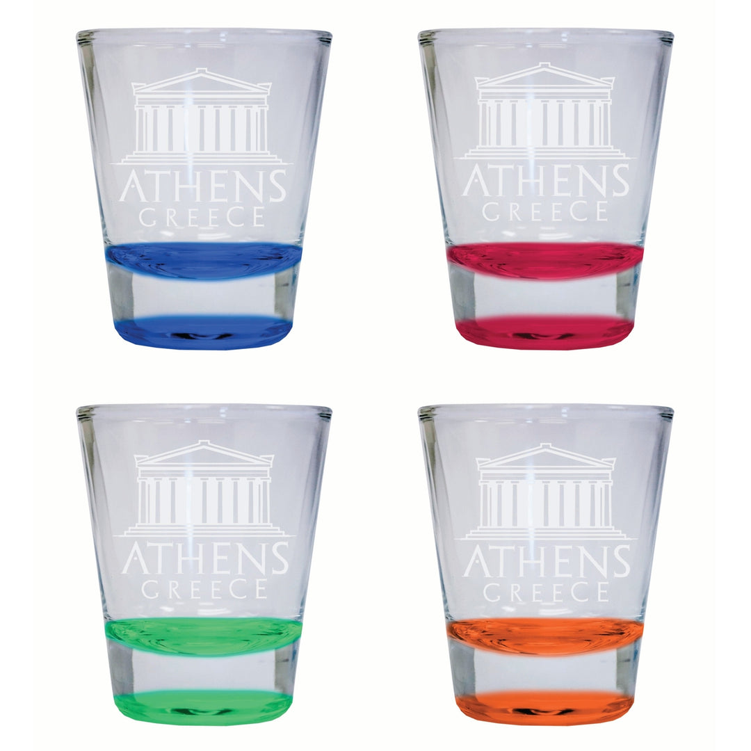 Athens Greece Souvenir 2 Ounce Engraved Shot Glass Round 4-Pack Multicolor Image 1