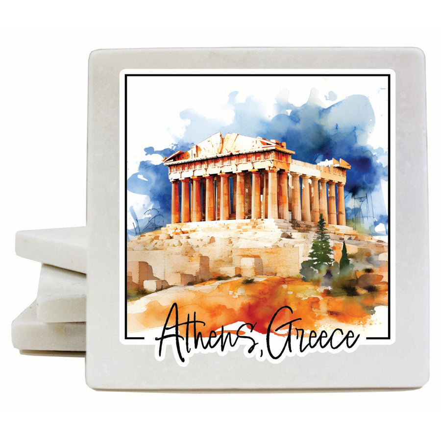 Athens Greece Watercolor Acropolis Design Souvenir 4x4-Inch Coaster Marble 4 Pack Image 1