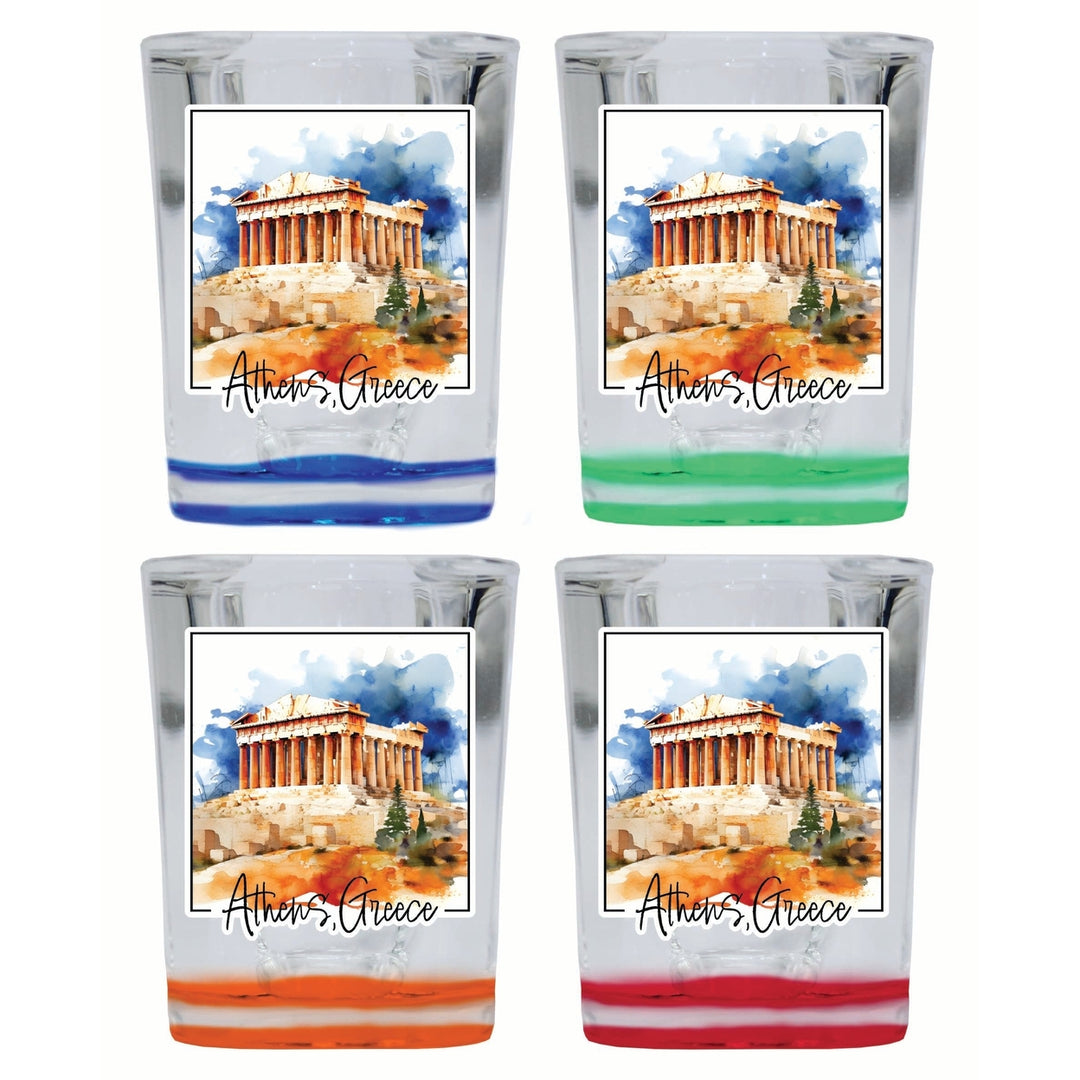 Athens Greece Watercolor Acropolis Design Souvenir 2 Ounce Shot Glass Square 4-Pack Multicolor Image 1