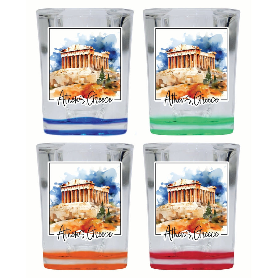 Athens Greece Watercolor Acropolis Design Souvenir 2 Ounce Shot Glass Square 4-Pack Multicolor Image 1