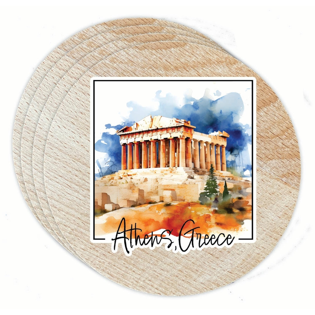 Athens Greece Watercolor Acropolis Design Souvenir Coaster Wooden 3.5 x 3.5-Inch 4 Pack Image 1