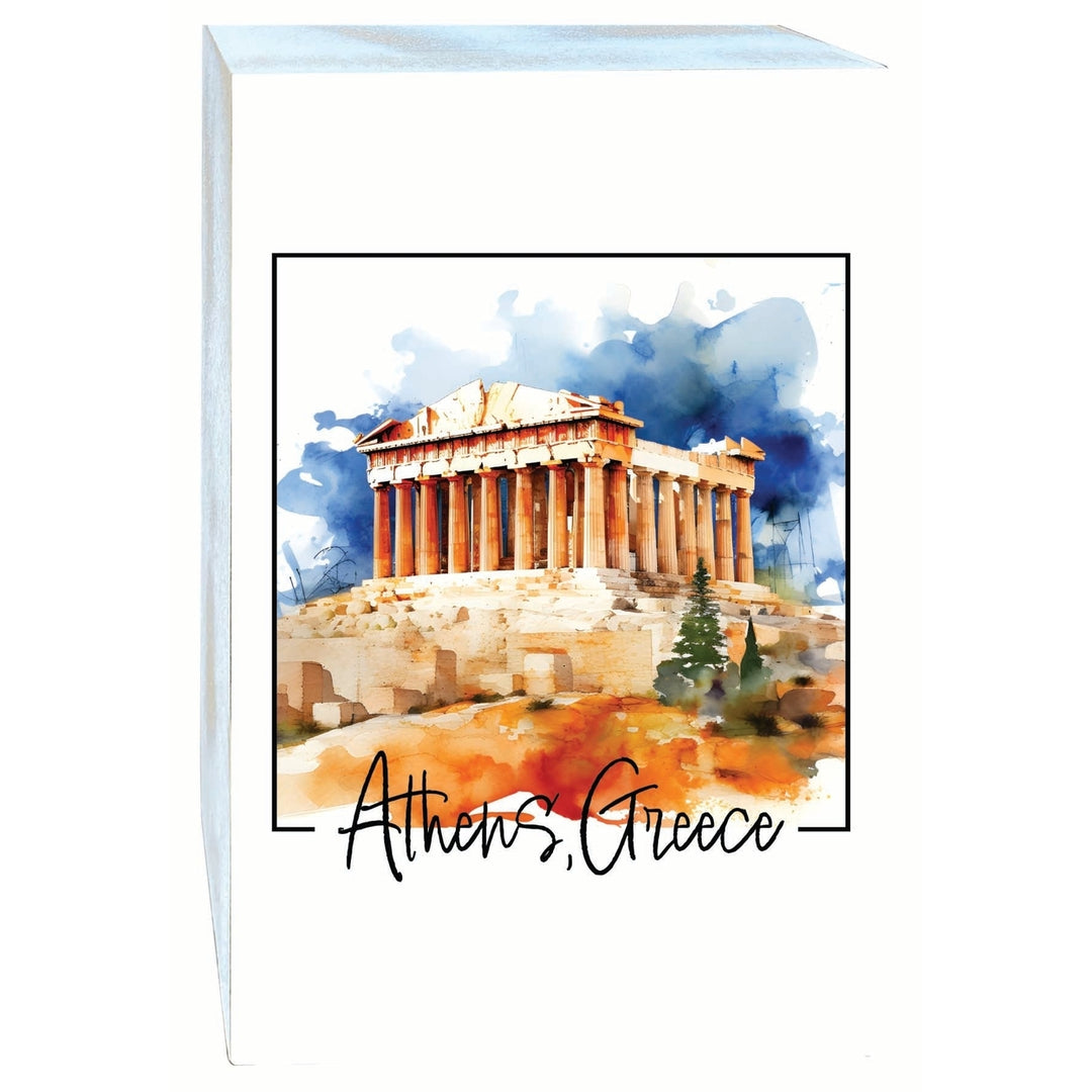 Athens Greece Watercolor Acropolis Design Souvenir Wood sign with frame 5x7 Image 1