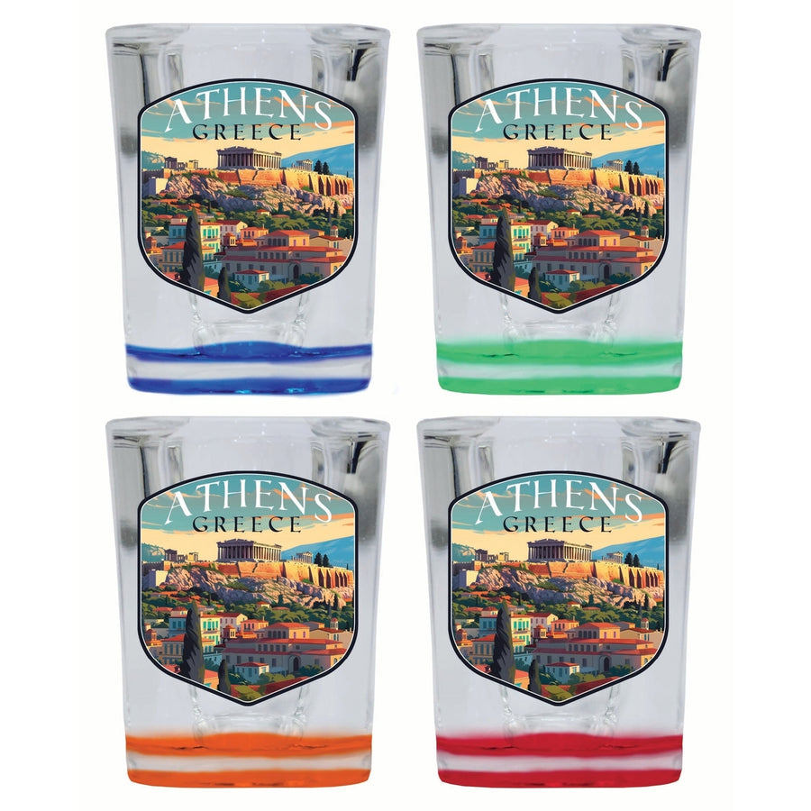 Athens Greece Acropolis Cityscape Design Souvenir 2 Ounce Shot Glass Square 4-Pack Multicolor Image 1