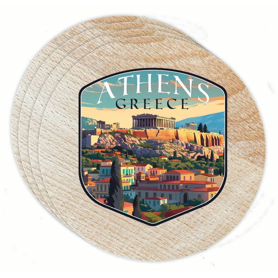 Athens Greece Acropolis Cityscape Design Souvenir Coaster Wooden 3.5 x 3.5-Inch 4 Pack Image 1