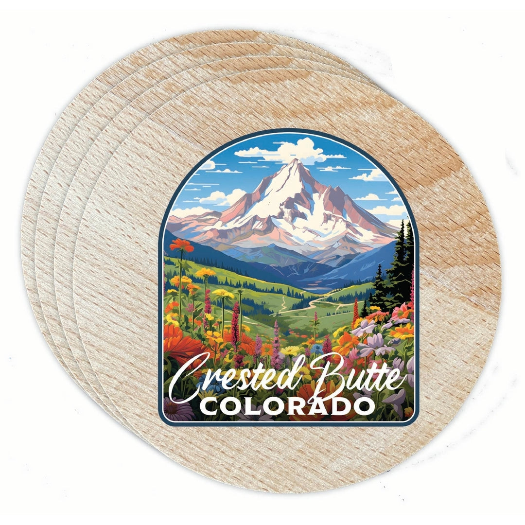 Crested Butte Mountain Colorado Wildflowers Design Souvenir Coaster Wooden 3.5 x 3.5-Inch 4 Pack Image 1