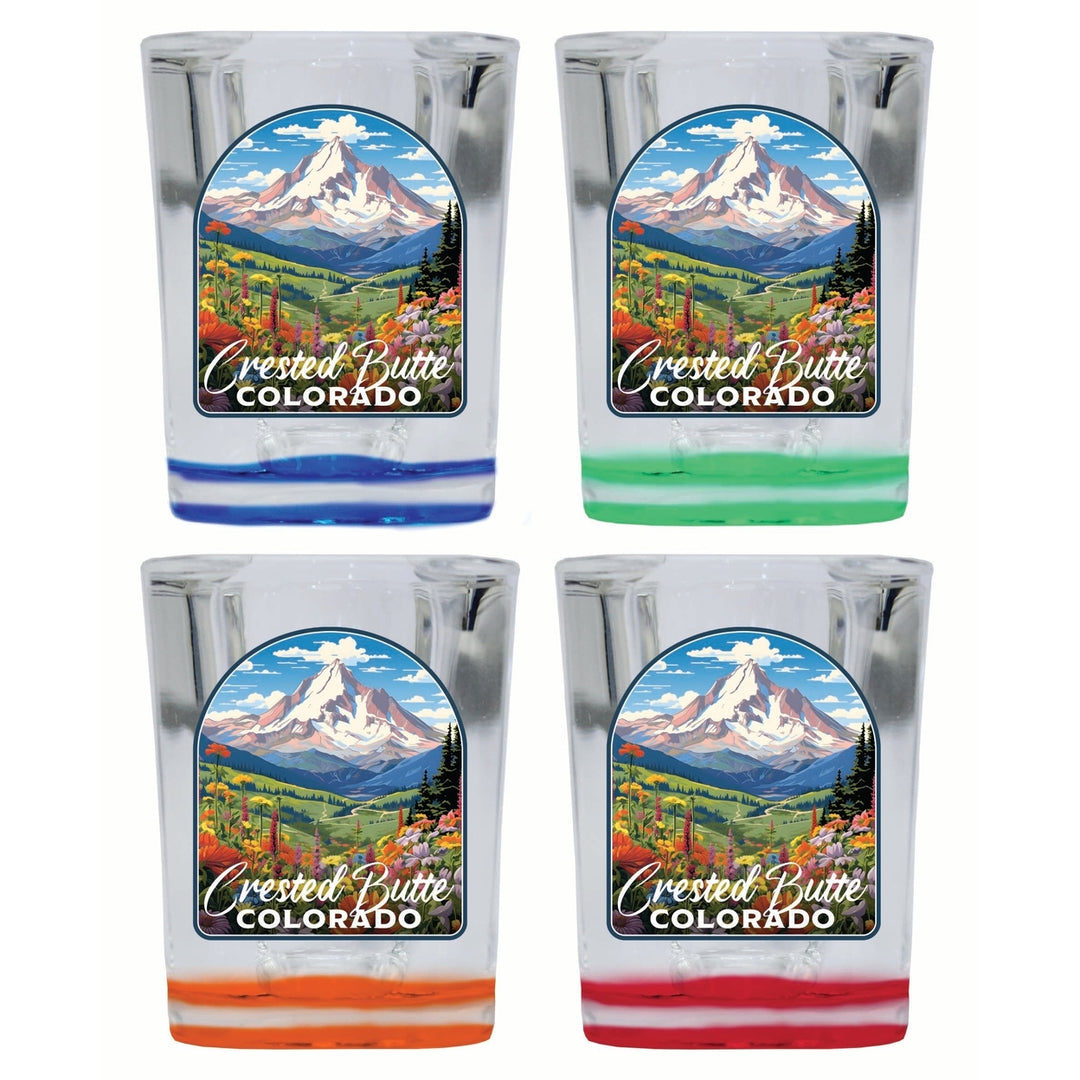 Crested Butte Mountain Colorado Wildflowers Design Souvenir 2 Ounce Shot Glass Square 4-Pack Multicolor Image 1