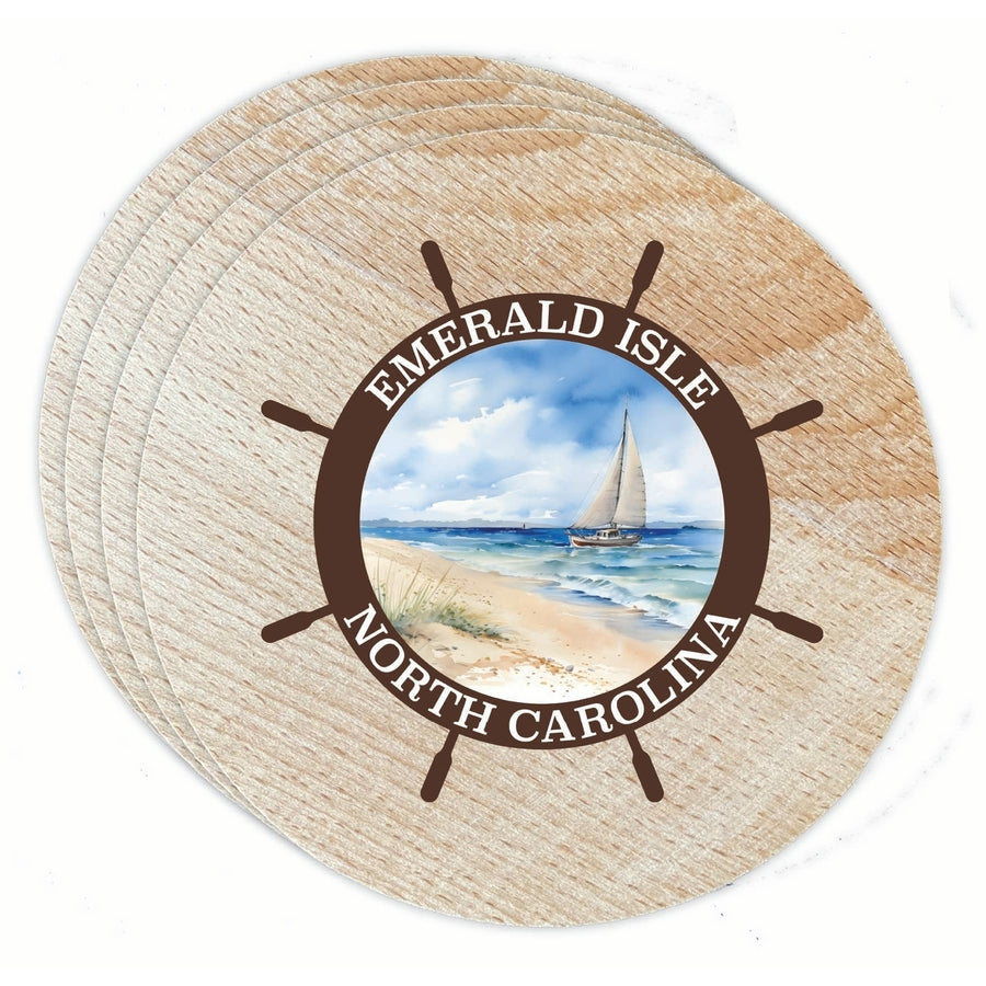 Emerald Isle North Carolina Nautical Helm Design Souvenir Coaster Wooden 3.5 x 3.5-Inch 4 Pack Image 1