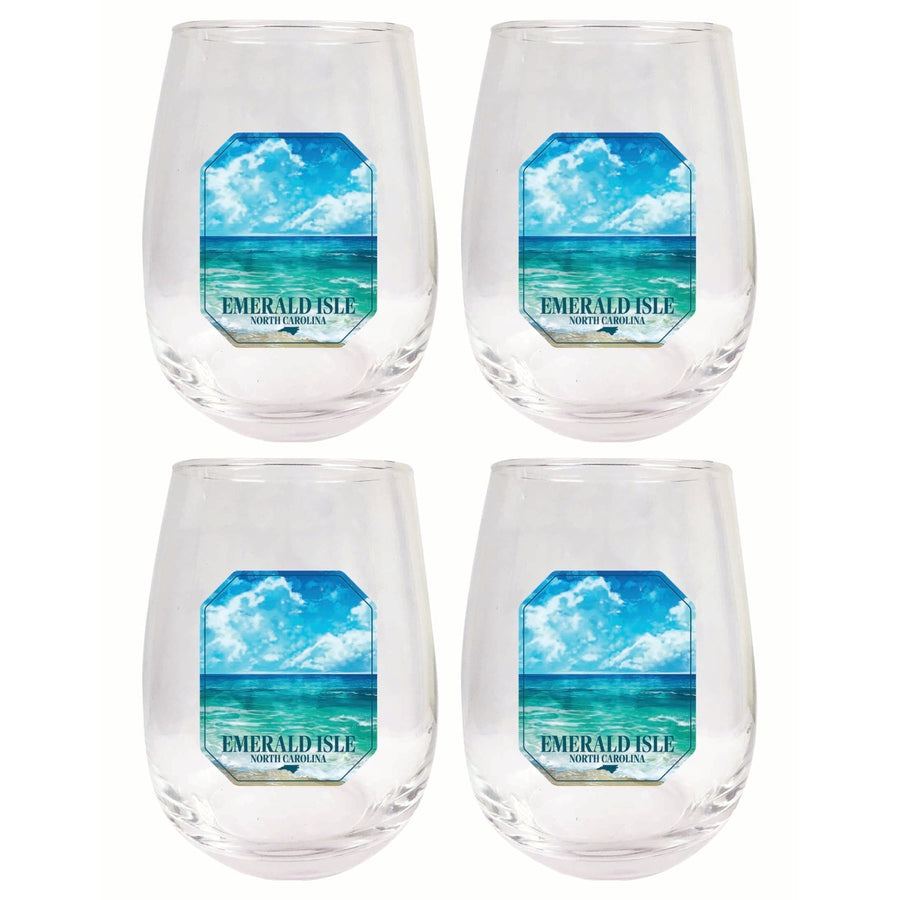 Emerald Isle North Carolina Serene Ocean Design Souvenir 15 oz Stemless Wine Glass 4-Pack Image 1