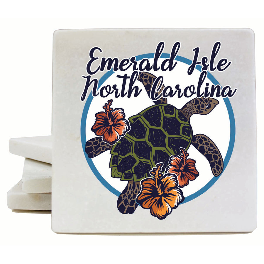 Emerald Isle North Carolina Turtle and Flowers Design Souvenir 4x4-Inch Coaster Marble 4 Pack Image 1