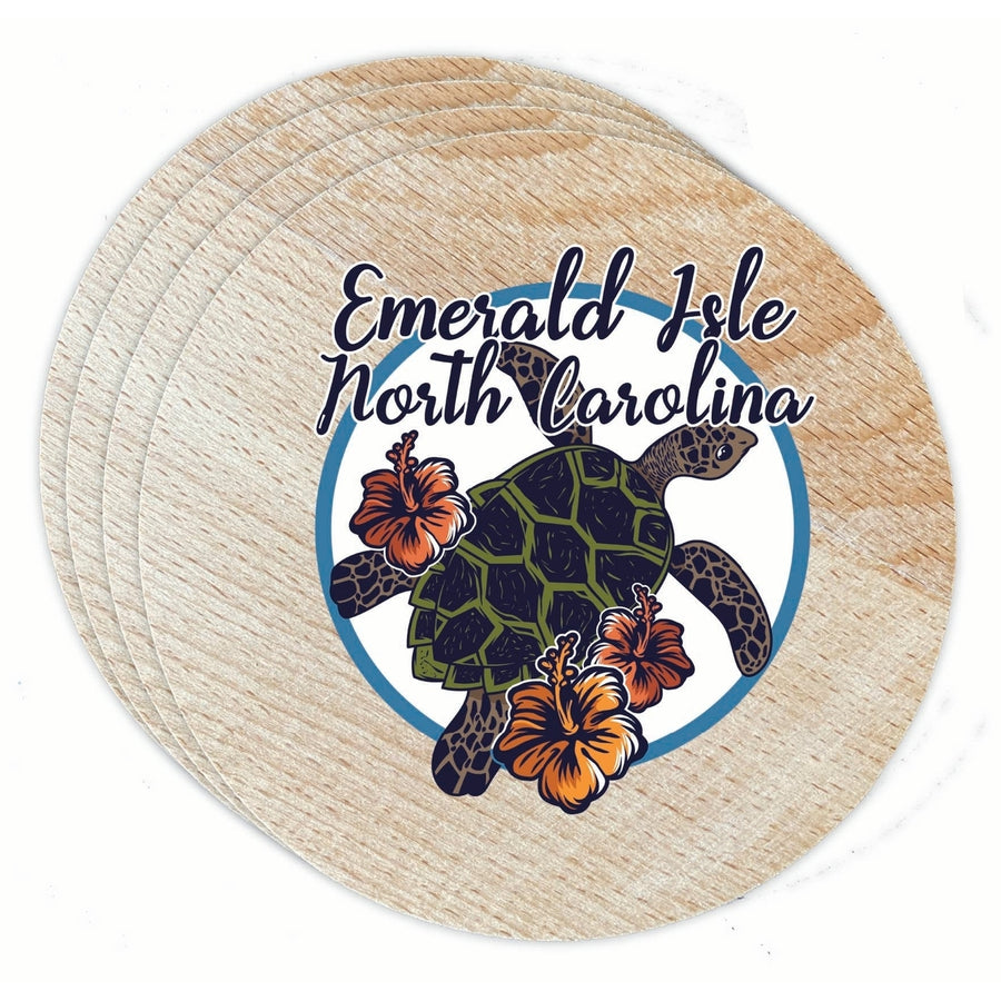 Emerald Isle North Carolina Turtle and Flowers Design Souvenir Coaster Wooden 3.5 x 3.5-Inch 4 Pack Image 1