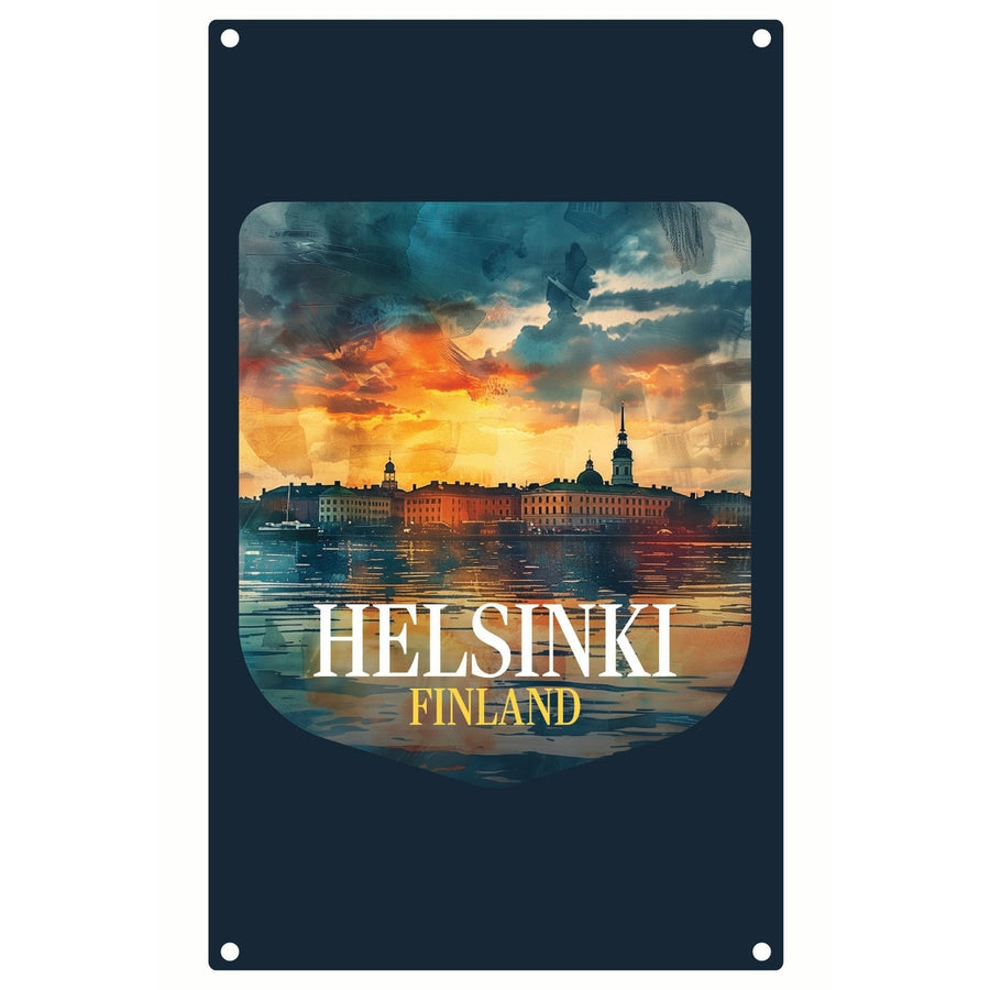 Helsinki Finland Sunset Cityscape Design Souvenir Metal Sign 9 x 15 Image 1