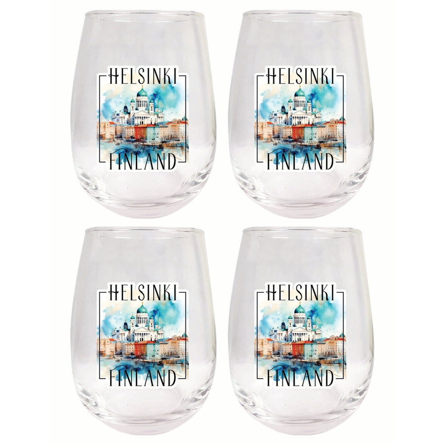 Helsinki Finland Watercolor Helsinki Cathedral Design Souvenir 15 oz Stemless Wine Glass 4-Pack Image 1