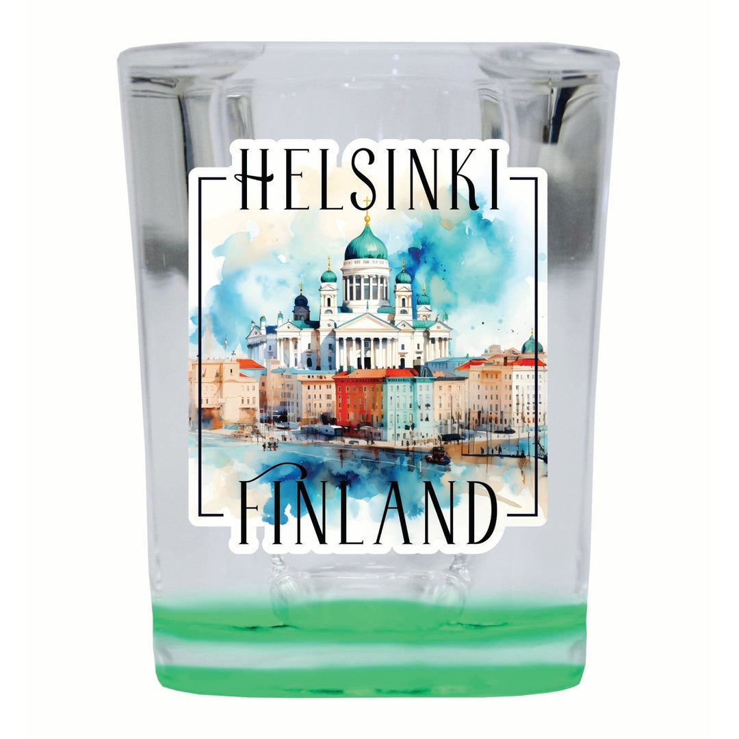 Helsinki Finland Watercolor Helsinki Cathedral Design Souvenir 2 Ounce Shot Glass Square Image 1