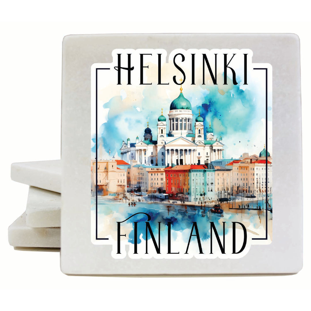 Helsinki Finland Watercolor Helsinki Cathedral Design Souvenir 4x4-Inch Coaster Marble 4 Pack Image 1