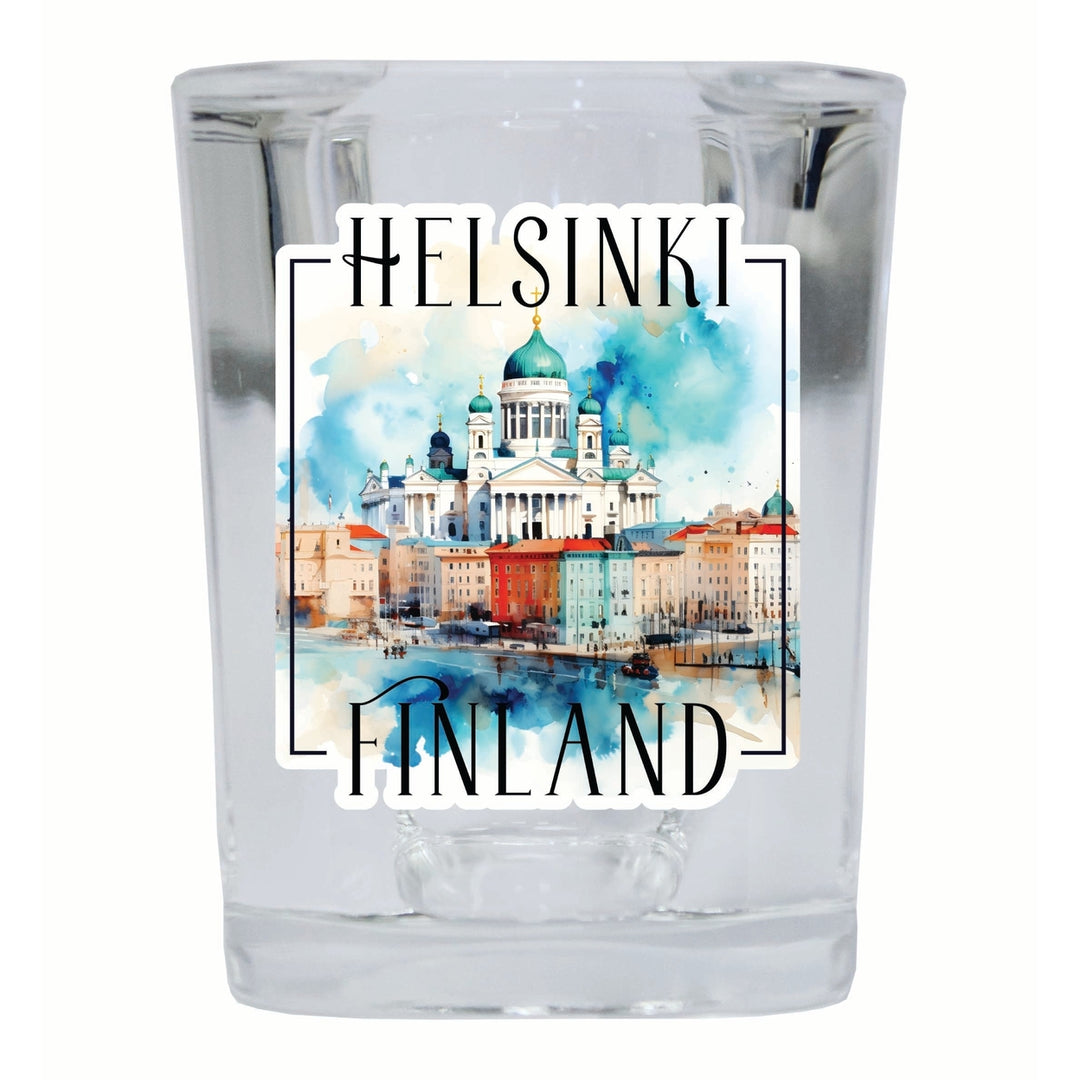 Helsinki Finland Watercolor Helsinki Cathedral Design Souvenir 2 Ounce Shot Glass Square Image 2