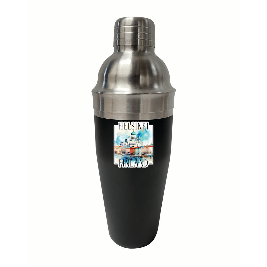 Helsinki Finland Watercolor Helsinki Cathedral Design Souvenir 24 oz Stainless Steel Cocktail Shaker Black Image 1