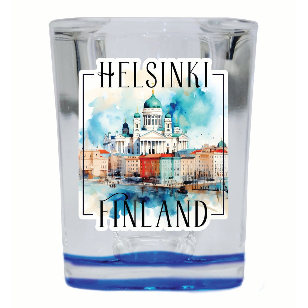 Helsinki Finland Watercolor Helsinki Cathedral Design Souvenir 2 Ounce Shot Glass Square Image 3