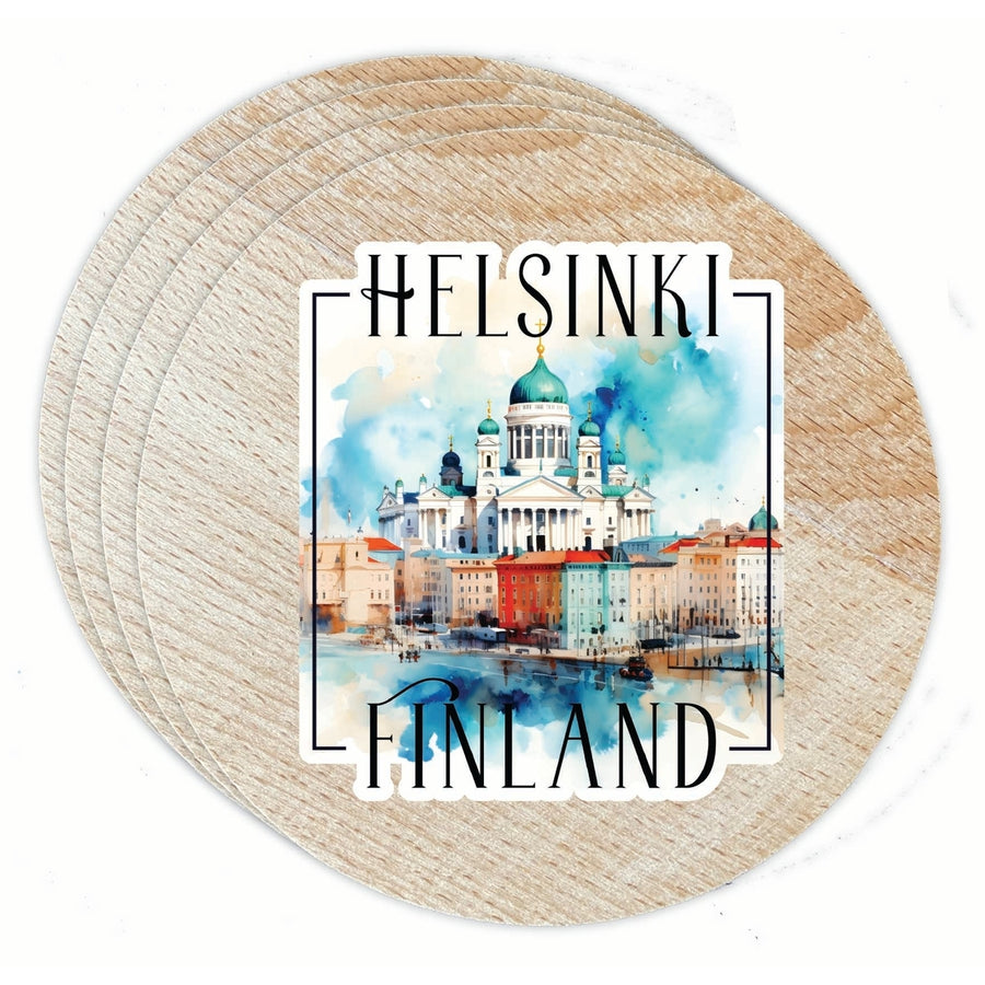 Helsinki Finland Watercolor Helsinki Cathedral Design Souvenir Coaster Wooden 3.5 x 3.5-Inch 4 Pack Image 1