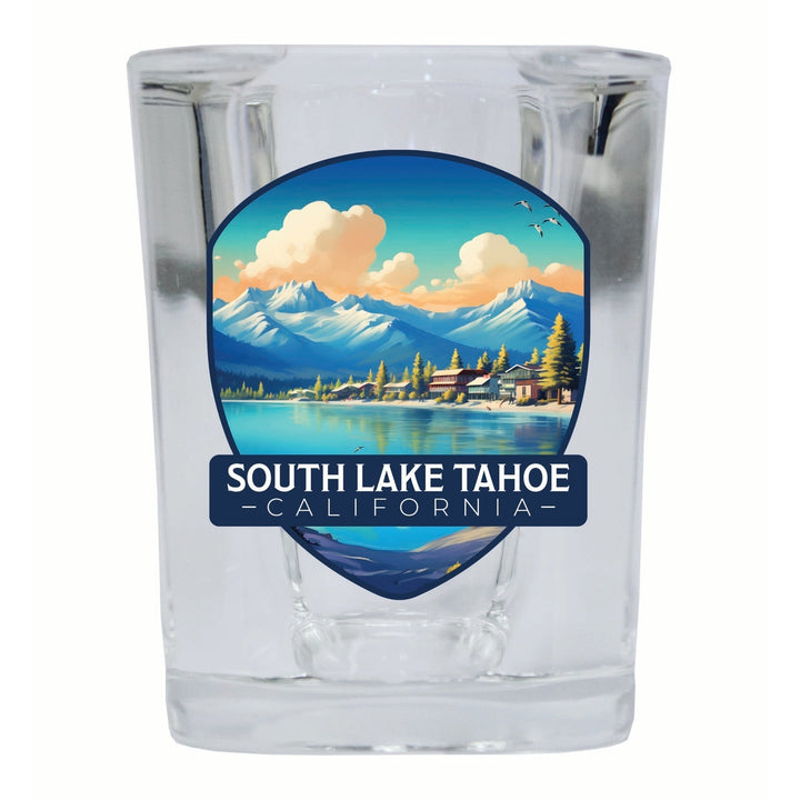 South Lake Tahoe Mountains over Lake Design Souvenir 2 Ounce Shot Glass Square Image 1