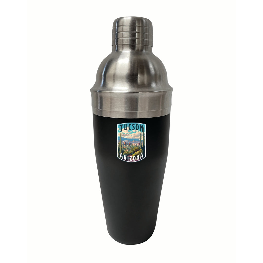 Tucson Arizona Cactus and Cityscape Design Souvenir 24 oz Stainless Steel Cocktail Shaker Black Image 1